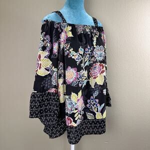 Valerie Stevens peasant sheer boho women S floral top, bell tiered 3/4 sleeves